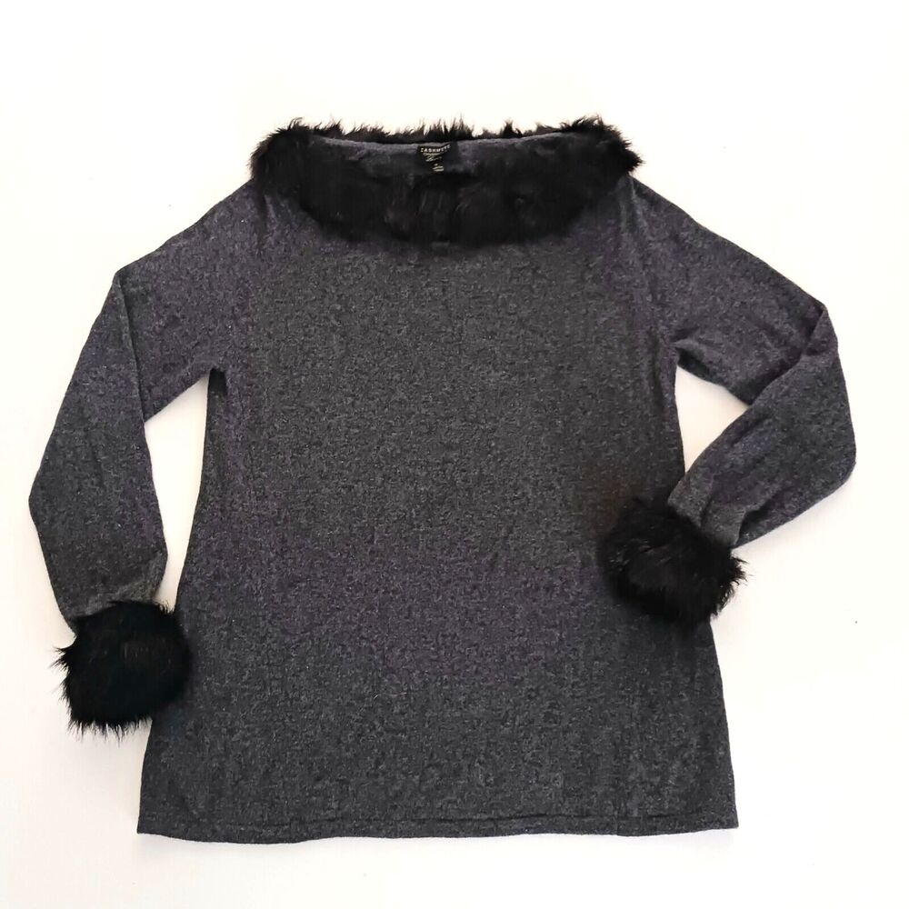 Charter Club 100% Cashmere Gray Tunic Sweater Blk Faux Fur Neckline & Cuffs Sz M